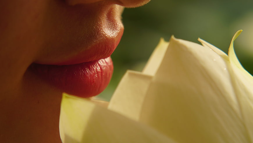 Close-up of woman's lips near white lotus flower