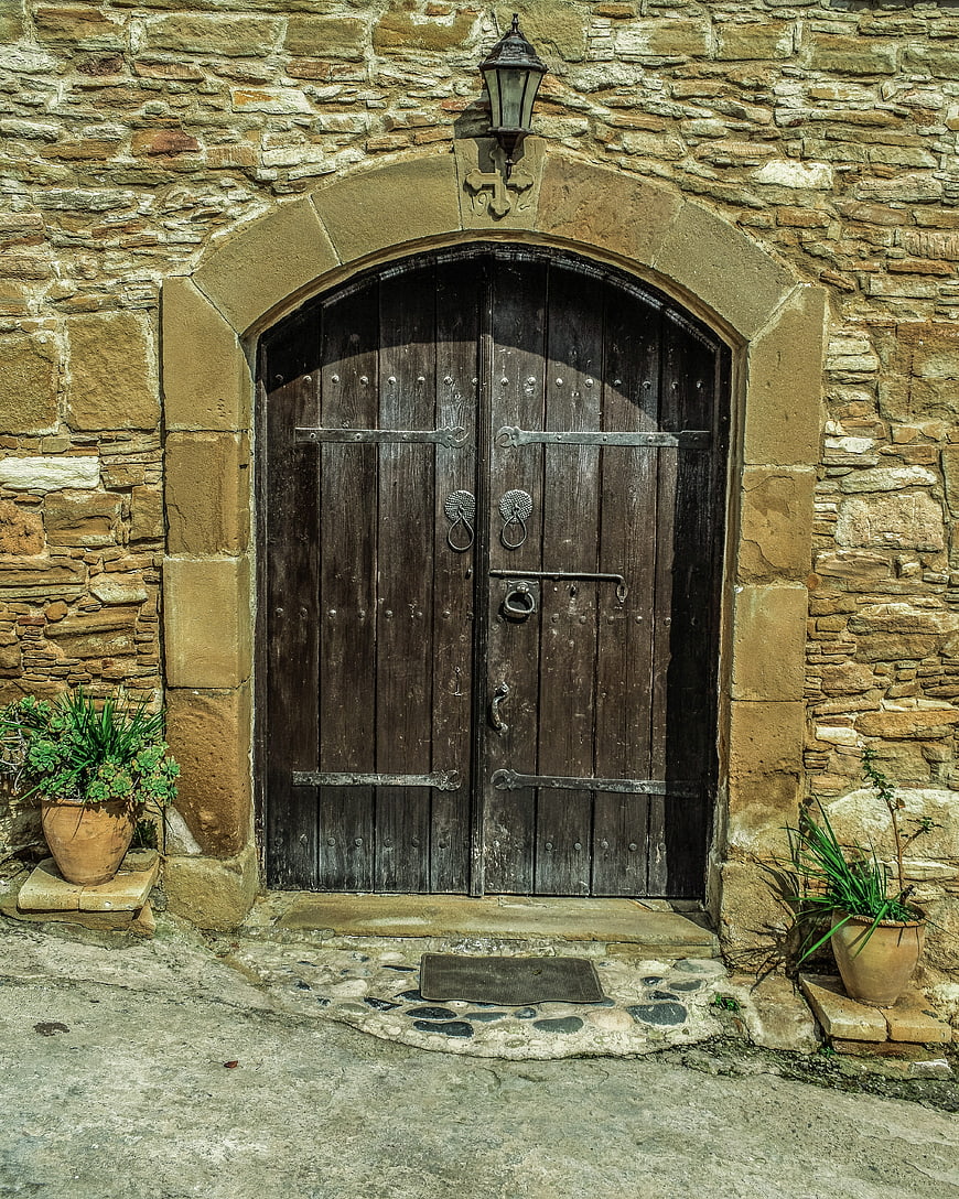 Rustic Arched Wooden Door in Stone Wall with Potted Plants
