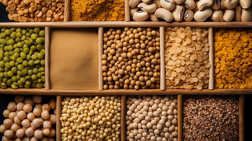 Top View of Assorted Legumes and Spices in Wooden Compartments