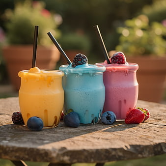 Colorful Fruit Smoothies with Fresh Berries on Wooden Table