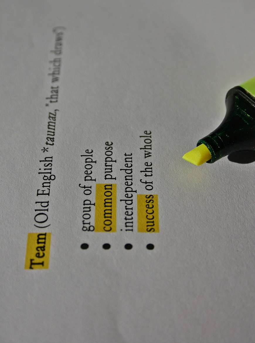 Highlighted Definition of Team with Yellow Marker