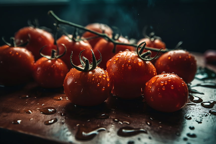 Fresh Red Tomatoes with Water Droplets on Dark Wood
