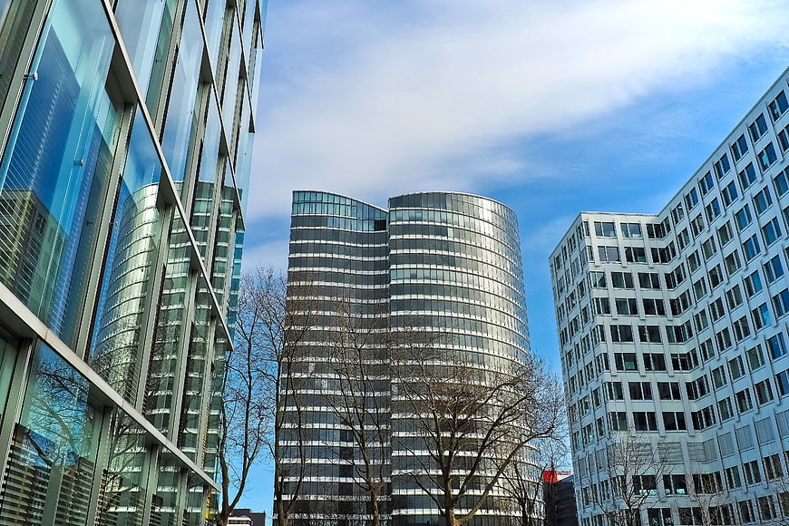 Modern Glass Office Buildings and Blue Sky
