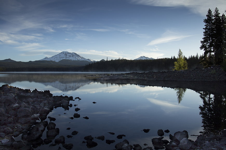 Serene Lake Reflection of Snowy Mountain and Forest