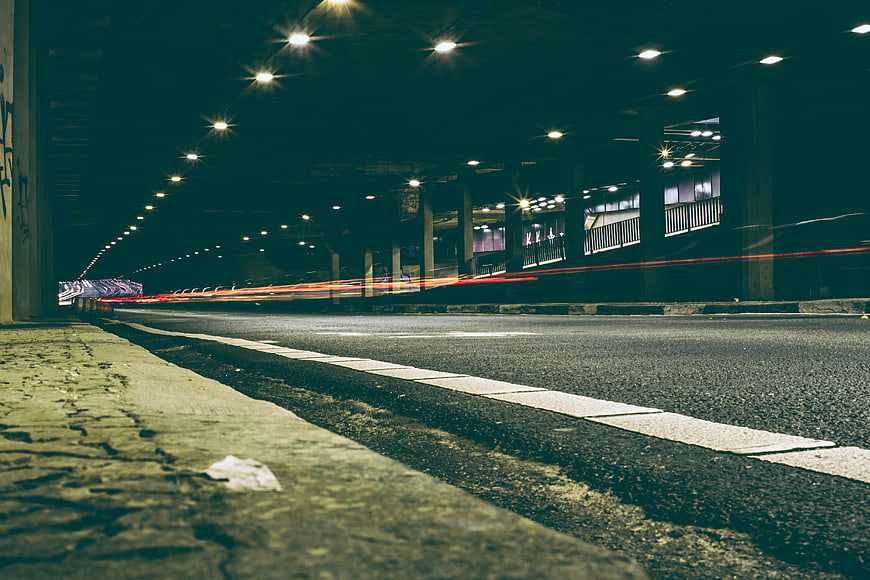 Long Exposure Night Traffic in Urban Underpass