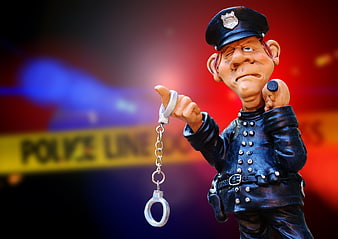 Caricature Police Officer Figurine Holding Handcuffs Against Crime Scene Background