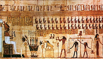 Ancient Egyptian Papyrus Scroll with Hieroglyphs and Mythological Figures