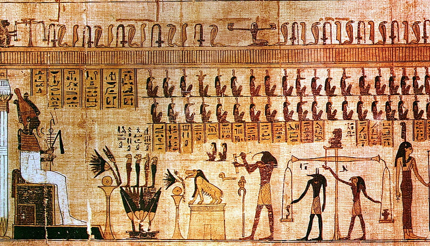Ancient Egyptian Papyrus Scroll with Hieroglyphs and Mythological Figures