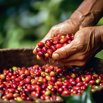 Hands Washing Fresh Red Coffee Cherries in Wooden Bowl