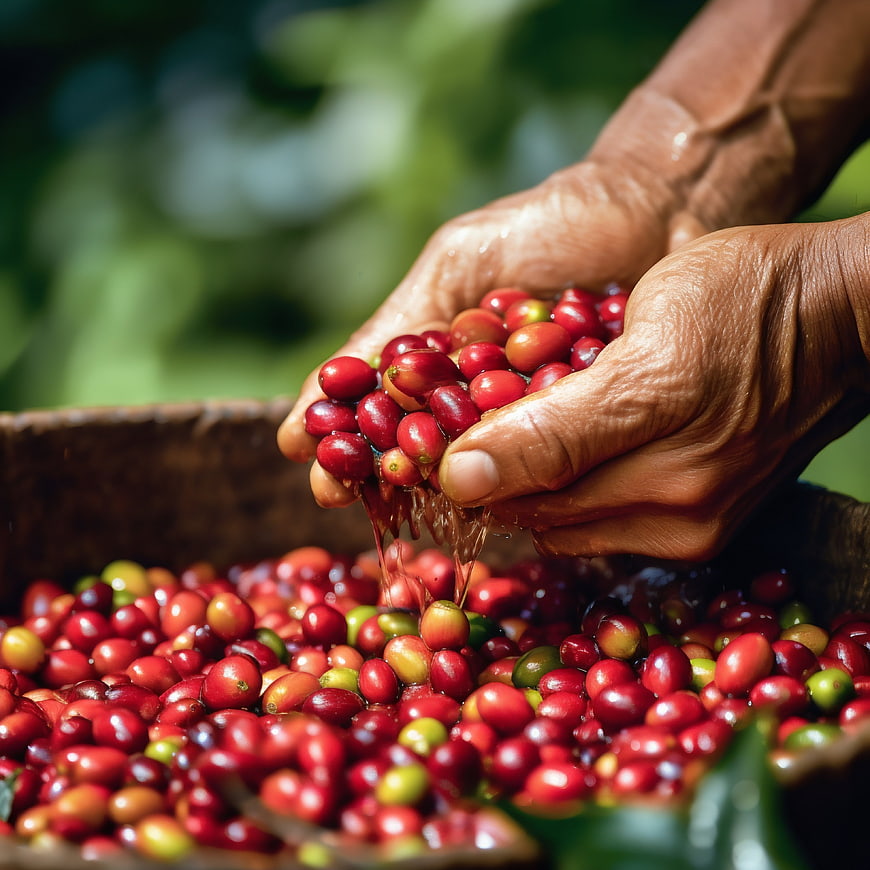 Hands Washing Fresh Red Coffee Cherries in Wooden Bowl