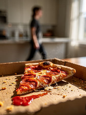Steaming Pepperoni Pizza Slice in Cardboard Box