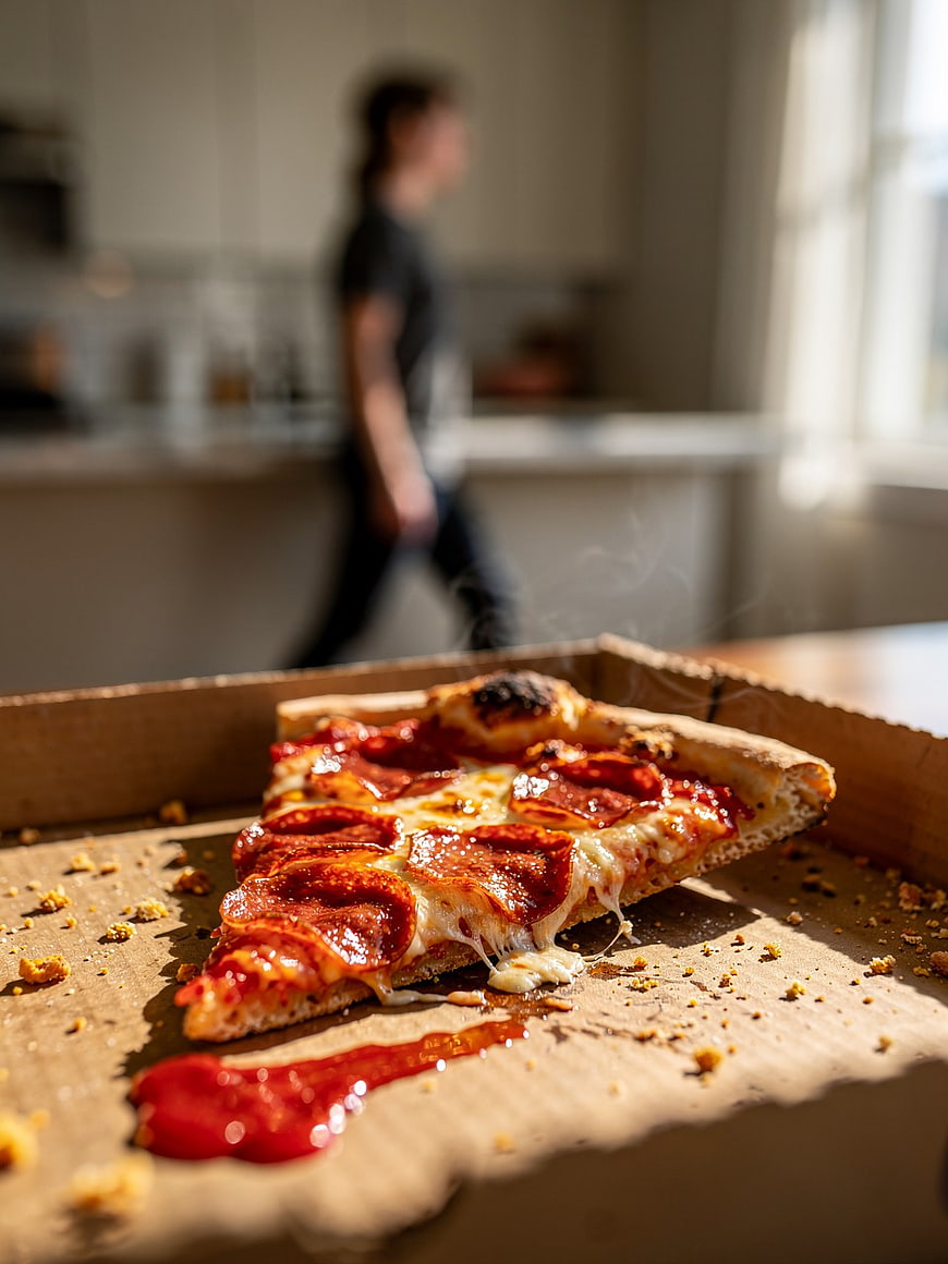 Steaming Pepperoni Pizza Slice in Cardboard Box