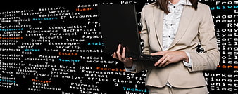 Businesswoman holding laptop against job listing background