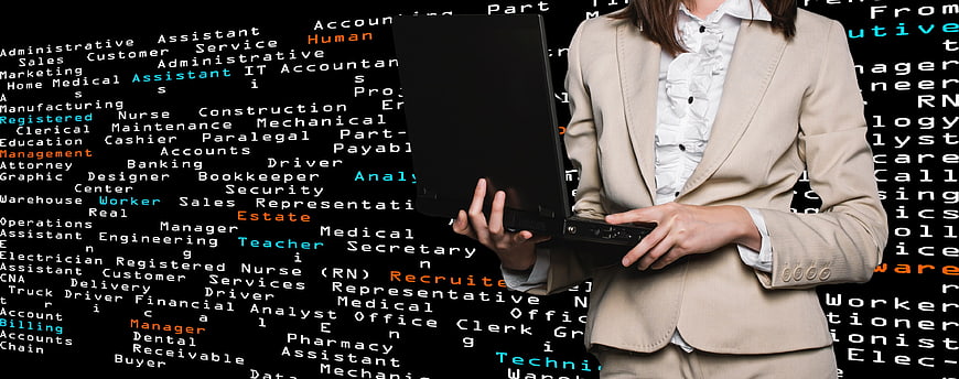 Businesswoman holding laptop against job listing background