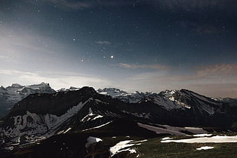 Snowy Mountain Range Under Starry Night Sky