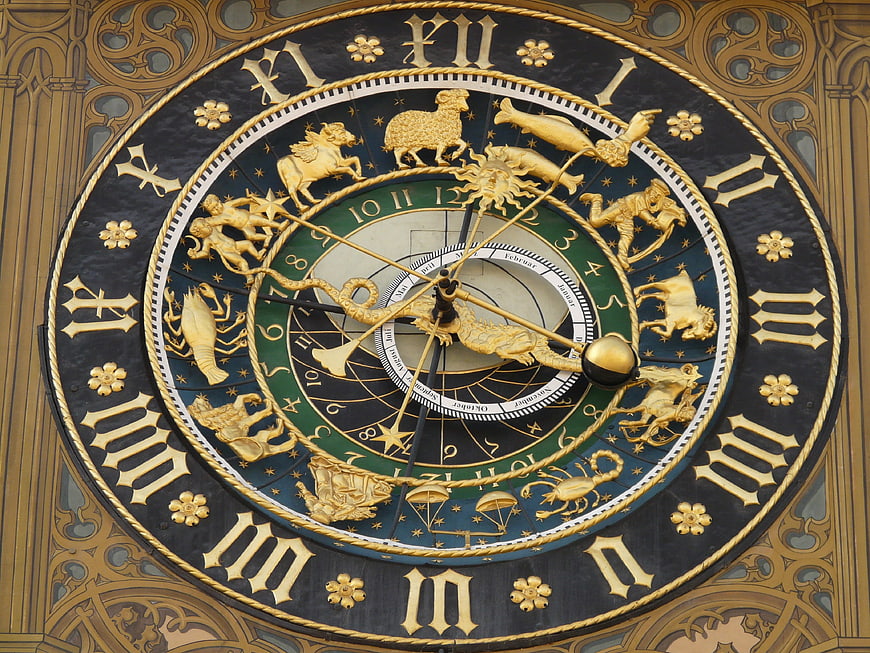 Detailed view of the Ulm Astronomical Clock face with zodiac signs