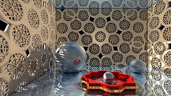 3D Render of Geometric Islamic Pattern Room with Reflective Spheres