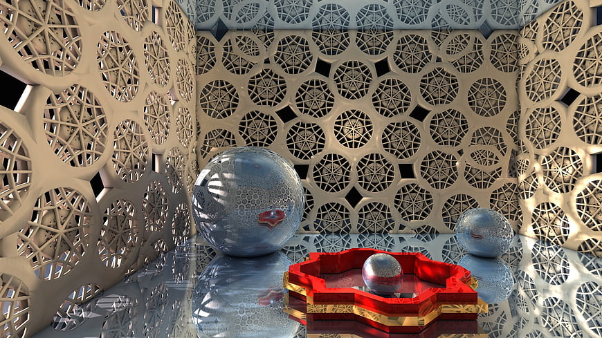 3D Render of Geometric Islamic Pattern Room with Reflective Spheres