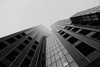 Black and white low angle view of modern skyscrapers