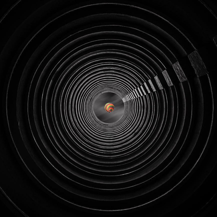 Hot Air Balloon In Dark Spiral Tunnel