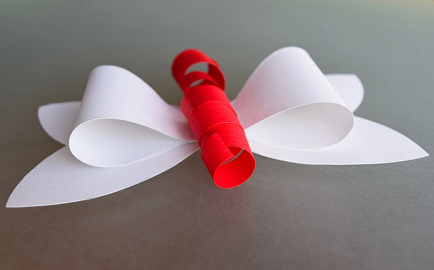 Red and White Paper Ribbon Bow on Gray Background