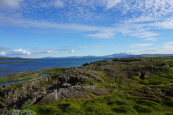 Scenic Icelandic Landscape with Rocky Terrain and Blue Water
