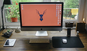 Modern wooden desk setup with iMac, keyboard, and mouse