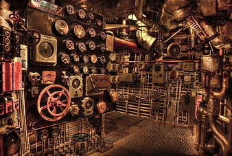 Vintage Battleship Engine Room with Gauges and Pipes