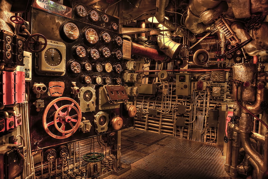 Vintage Battleship Engine Room with Gauges and Pipes