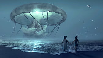 Two children holding hands watching giant glowing jellyfish on beach