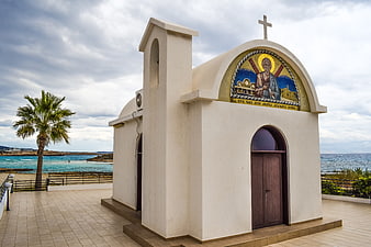 White Orthodox Chapel by the Sea in Ayia Napa, Cyprus