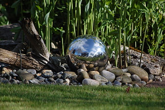 Reflective Chrome Sphere in Garden with Driftwood and Greenery