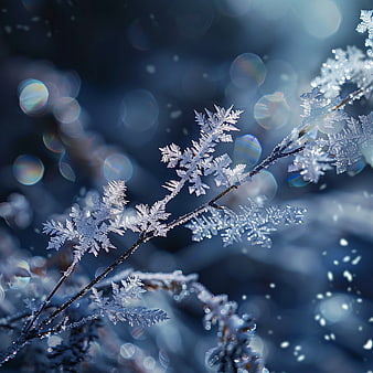 Macro Frost Crystals on Winter Branch with Bokeh