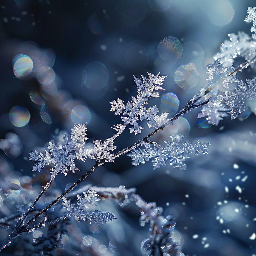 Macro Frost Crystals on Winter Branch with Bokeh