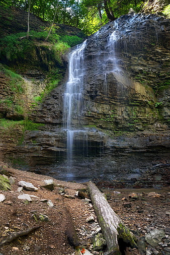 Thin waterfall cascading down rocky cliff in forest