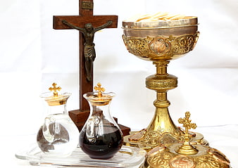 Catholic Communion Set with Chalice, Crucifix, and Cruets