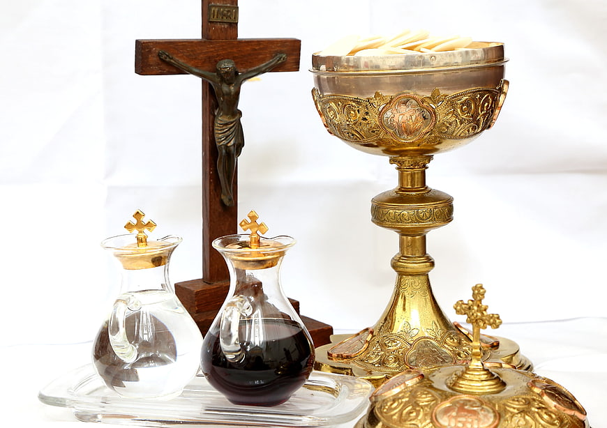 Catholic Communion Set with Chalice, Crucifix, and Cruets