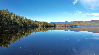 Serene autumn lake with mountain reflections and forest