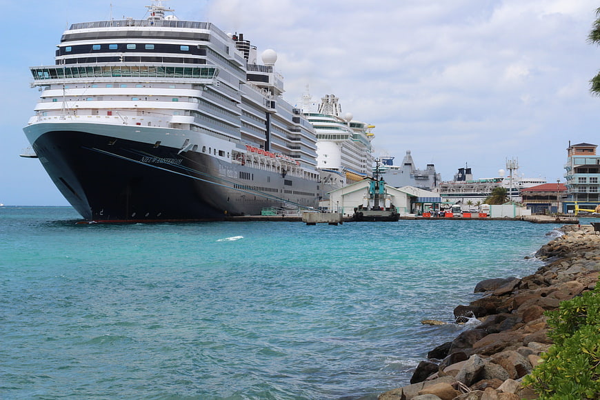 Large cruise ships docked at tropical Caribbean port