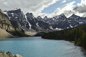 Turquoise mountain lake surrounded by pine forest and snow-capped peaks