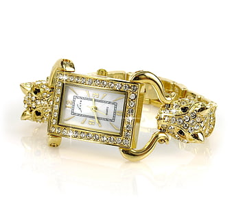 Gold Ladies Wristwatch With Crystal Bezel And Animal Head Clasp