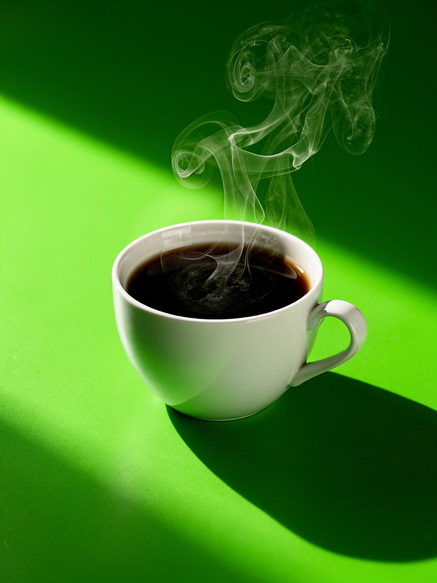 Steaming White Coffee Cup on Vibrant Green Background