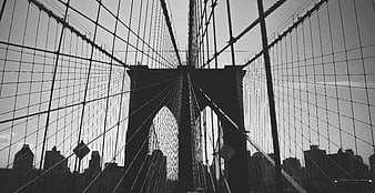 Black and white low angle view of Brooklyn Bridge cables