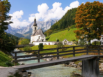 Alpine Church And Wooden Bridge In Bavarian Mountain Landscape