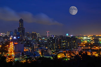 Night Skyline of Kaohsiung City with Full Moon