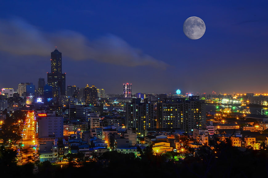 Night Skyline of Kaohsiung City with Full Moon