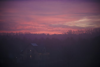 Purple and pink sunset sky over a house in a forest