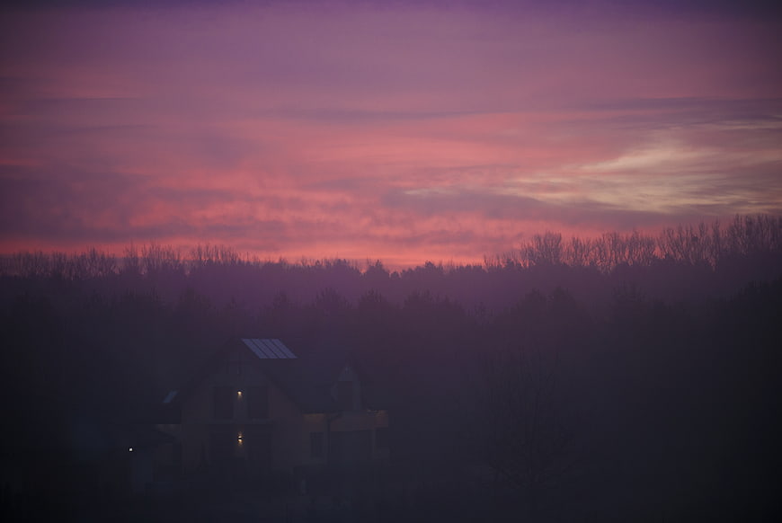 Purple and pink sunset sky over a house in a forest