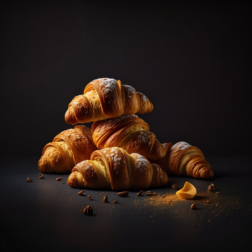 Golden Croissants Stacked on Dark Background