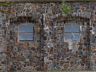 Old stone wall with two arched windows and ivy